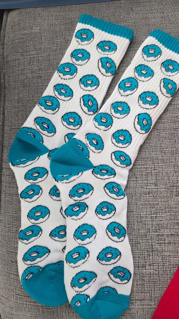 Blue Donut Crew Socks White Teal Graphic Novelty Socks Unisex NWOT